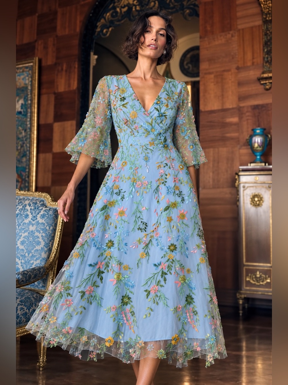 NWT Floral Embroidered Sky Blue Tulle Midi Dress Romantic Garden Party 8 - Picture 1 of 4